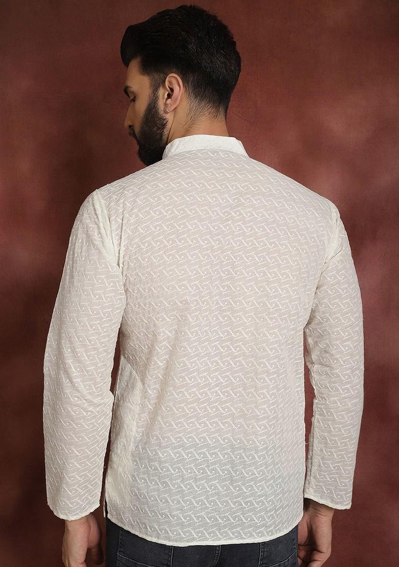 Off White Embroidered Poly Blend Kurta For Men