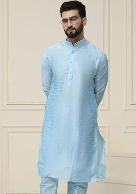 Turquoise Blue Solid Poly Blend Kurta For Men