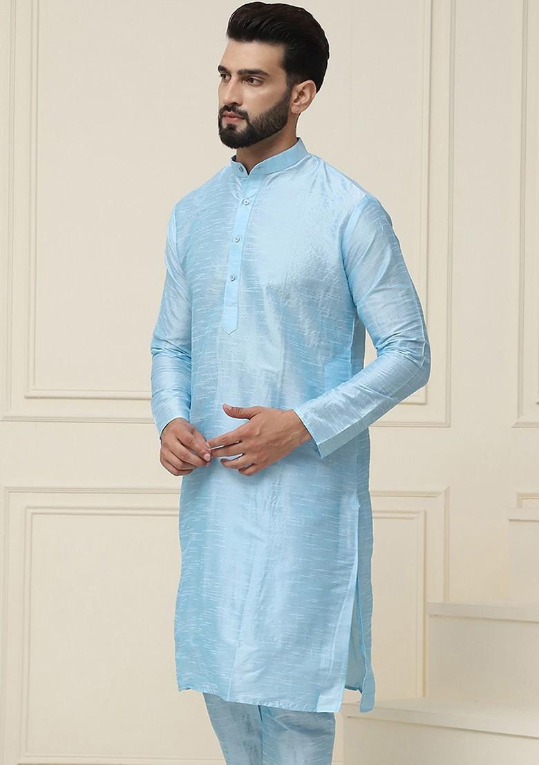 Turquoise Blue Solid Poly Blend Kurta For Men
