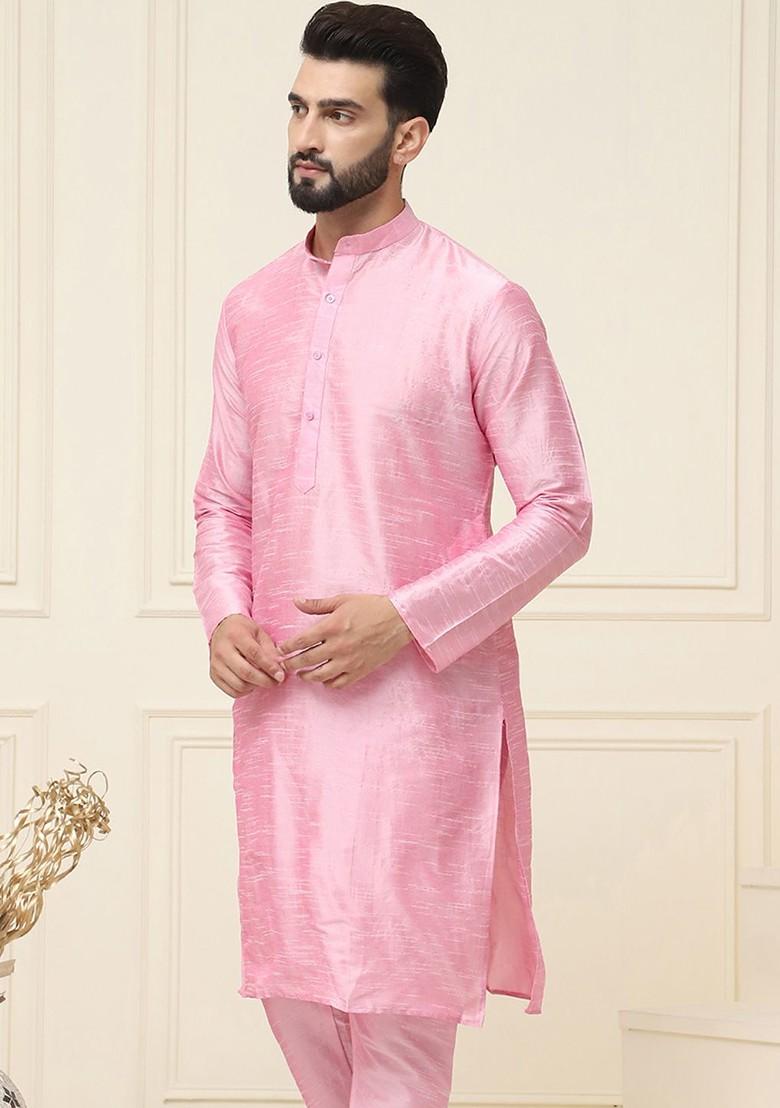 Pink Solid Poly Blend Kurta For Men