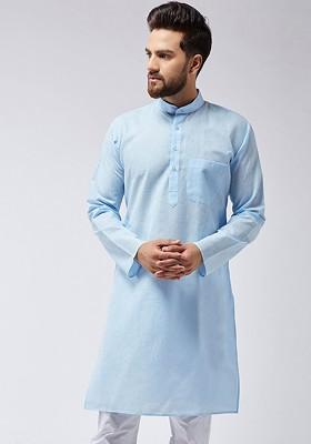 Blue Solid Poly Blend Kurta For Men
