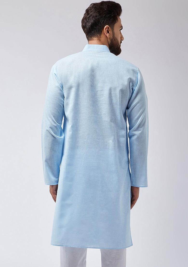 Blue Solid Poly Blend Kurta For Men