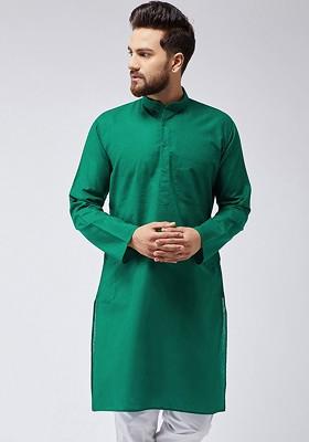 Green Solid Poly Blend Kurta For Men