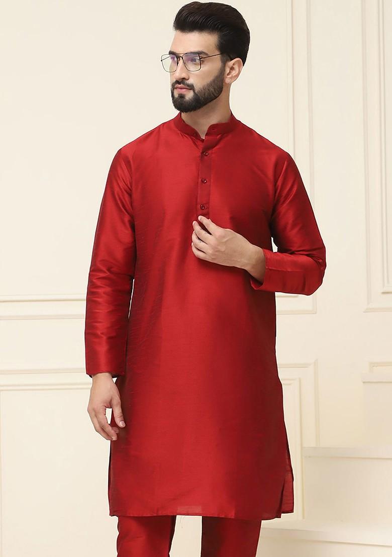 Maroon Solid Poly Blend Kurta For Men