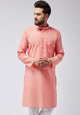 Peach Solid Poly Blend Kurta For Men