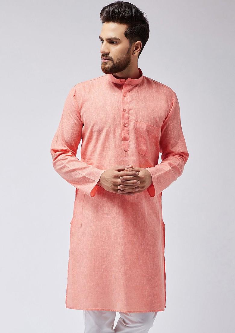 Peach Solid Poly Blend Kurta For Men
