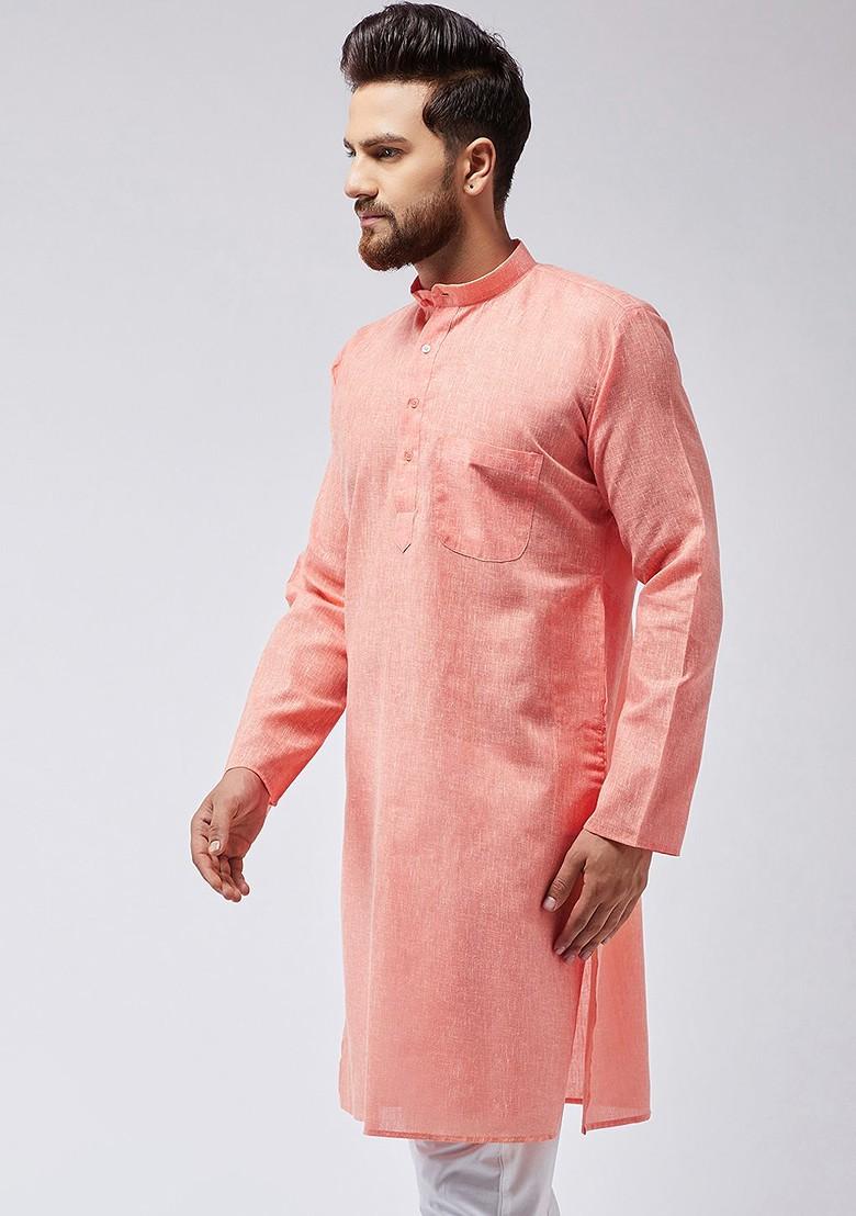 Peach Solid Poly Blend Kurta For Men