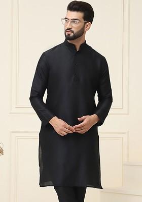 Black Solid Poly Blend Kurta For Men