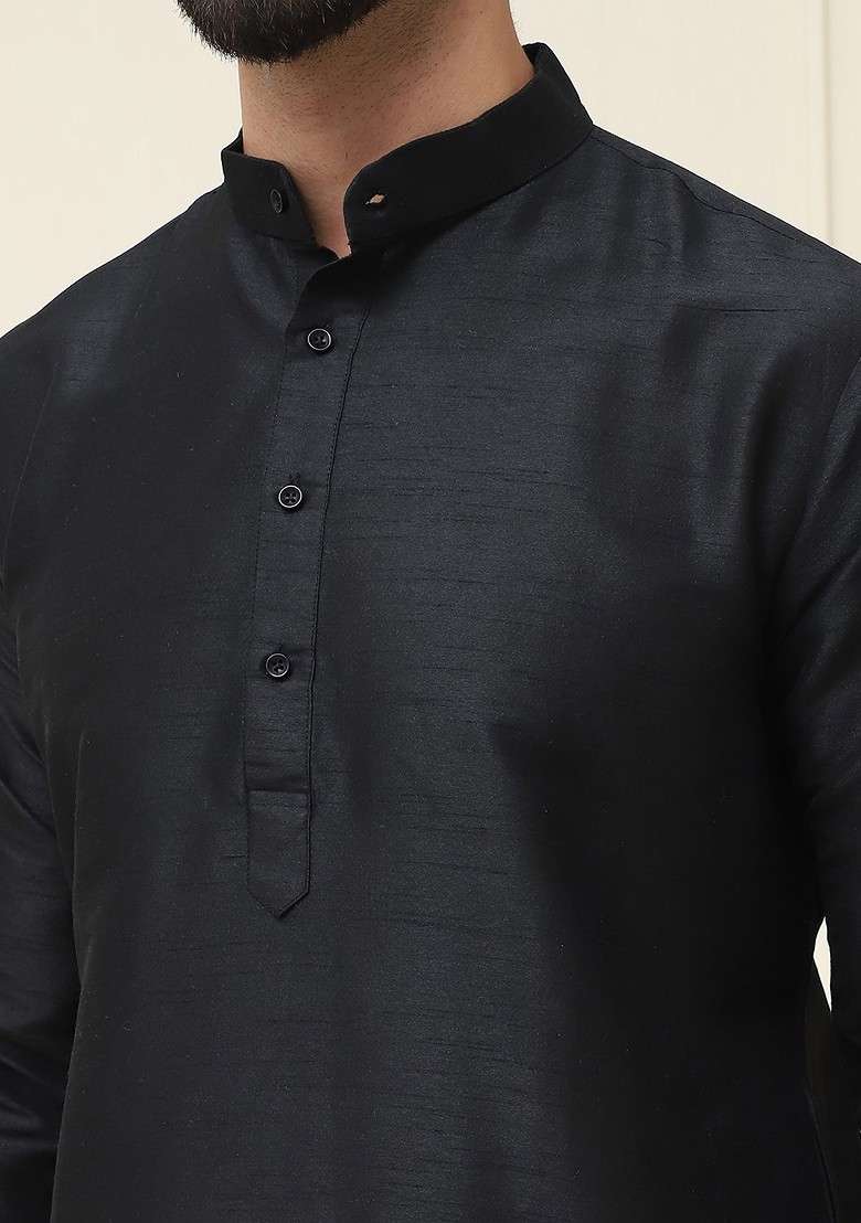 Black Solid Poly Blend Kurta For Men - Indya