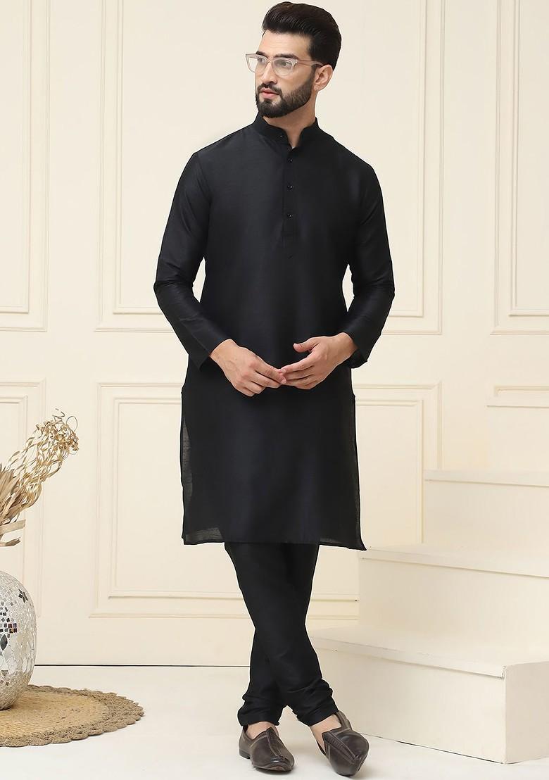 Black Solid Poly Blend Kurta For Men