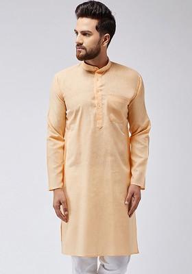 Peach Solid Poly Blend Kurta For Men