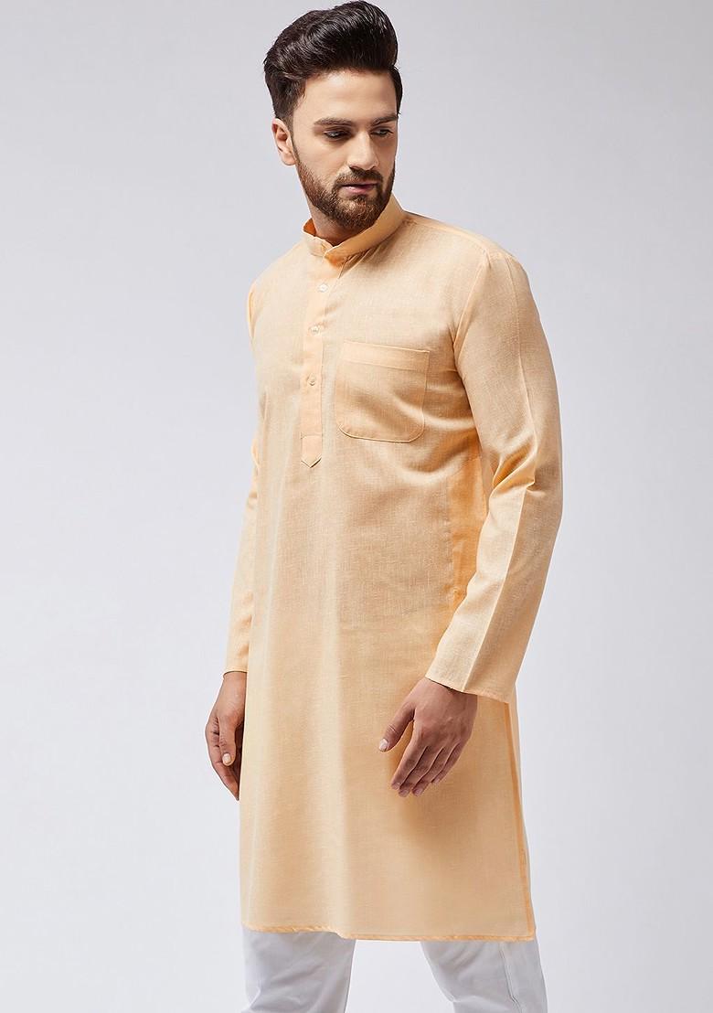 Peach Solid Poly Blend Kurta For Men