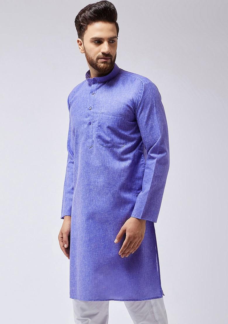 Blue Solid Poly Blend Kurta For Men