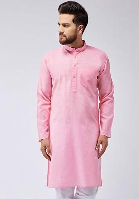 Pink Solid Poly Blend Kurta For Men