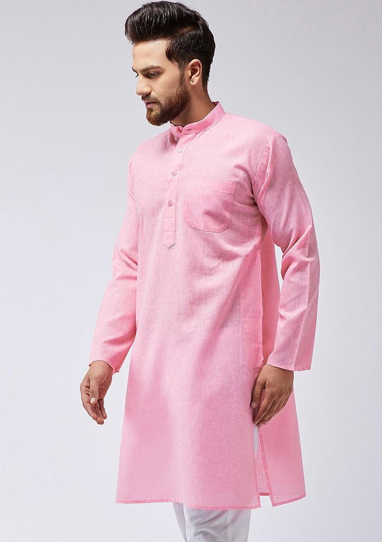 Pink Solid Poly Blend Kurta For Men