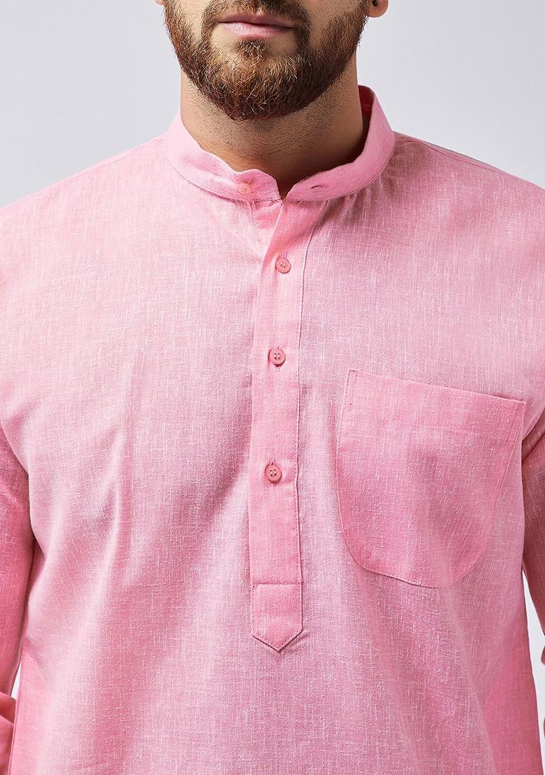 Pink Solid Poly Blend Kurta For Men