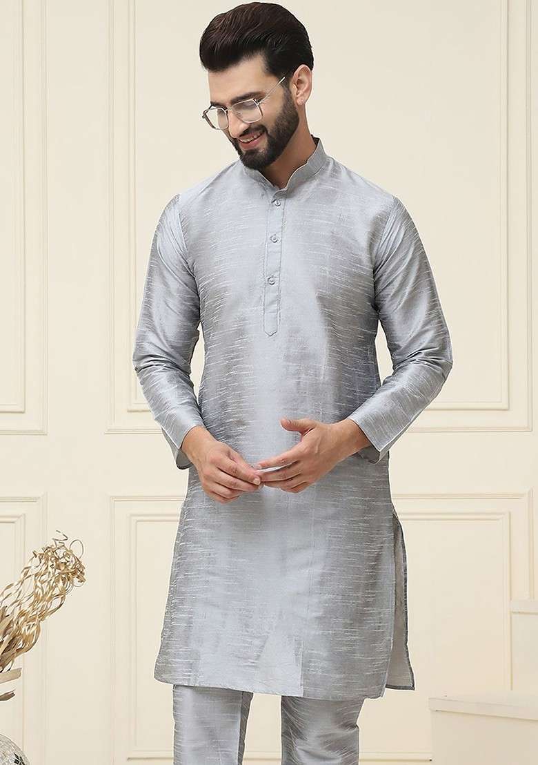 Grey Solid Poly Blend Kurta For Men - Indya