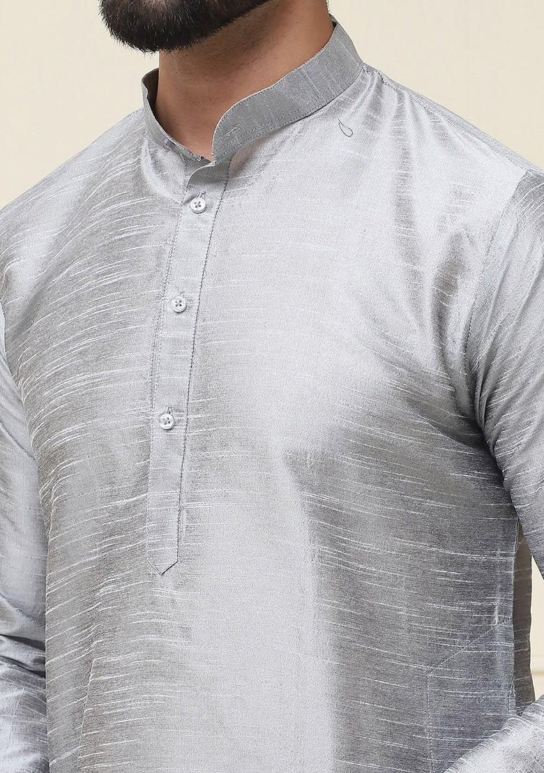 Grey Solid Poly Blend Kurta For Men