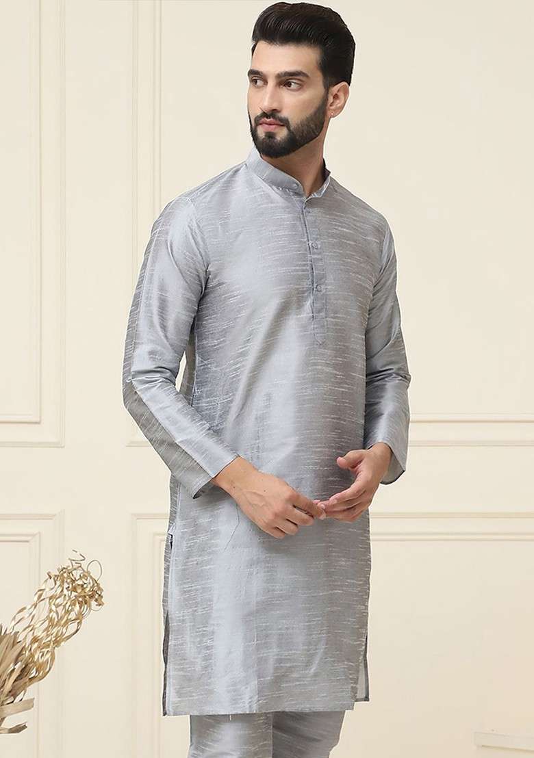 Grey Solid Poly Blend Kurta For Men - Indya