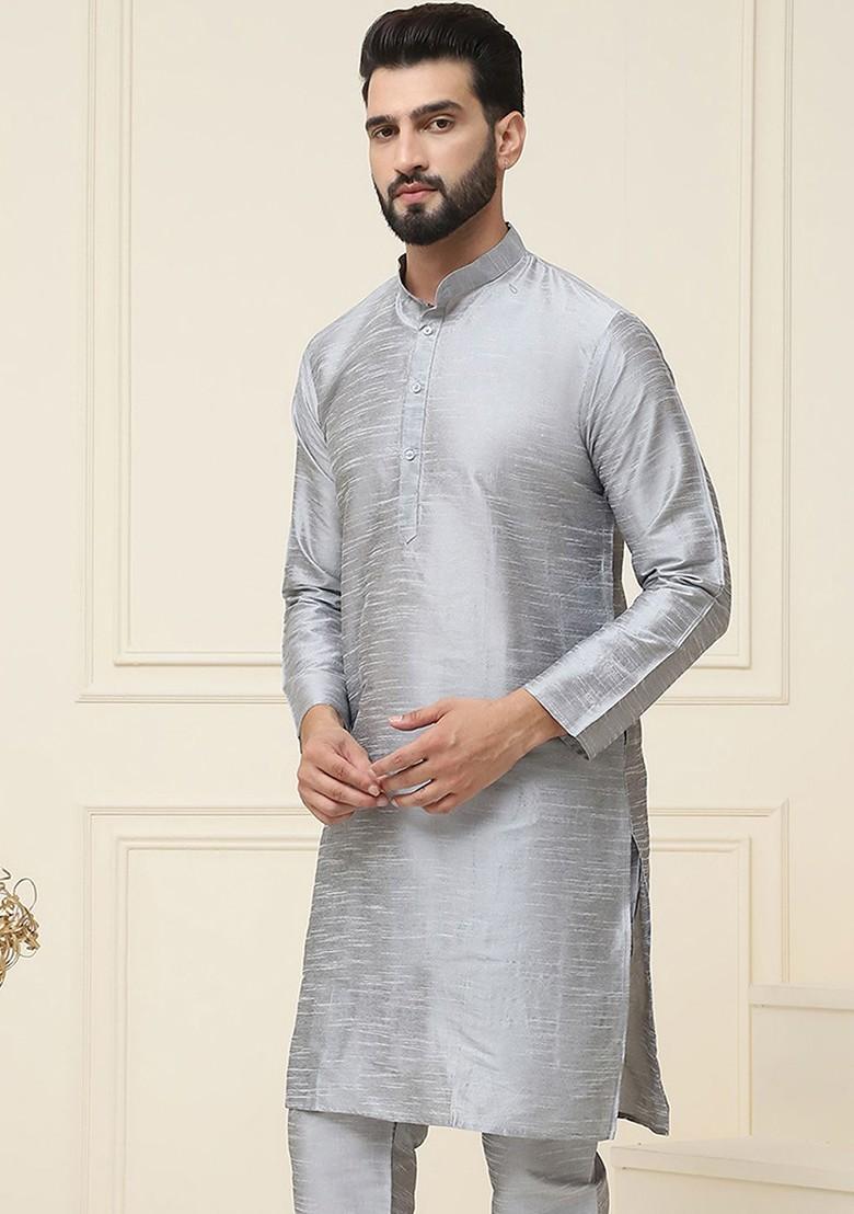 Grey Solid Poly Blend Kurta For Men