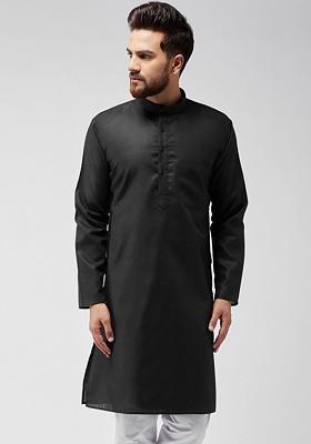 Black Solid Poly Blend Kurta For Men
