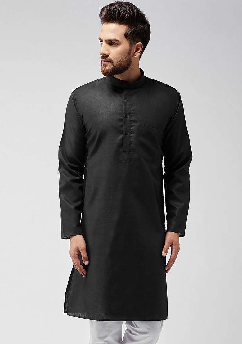 Black Solid Poly Blend Kurta For Men - Indya