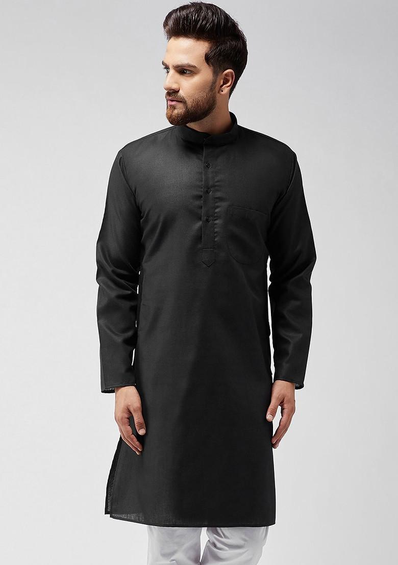 Black Solid Poly Blend Kurta For Men