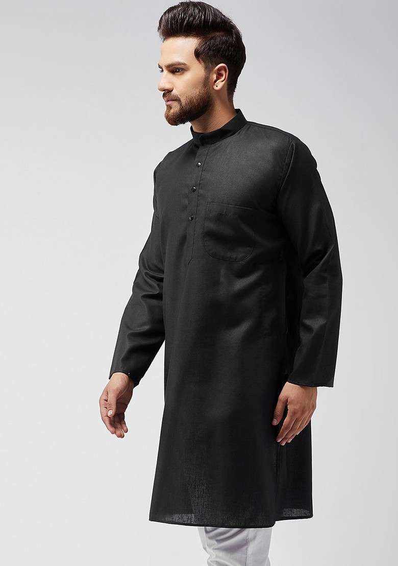 Black Solid Poly Blend Kurta For Men - Indya