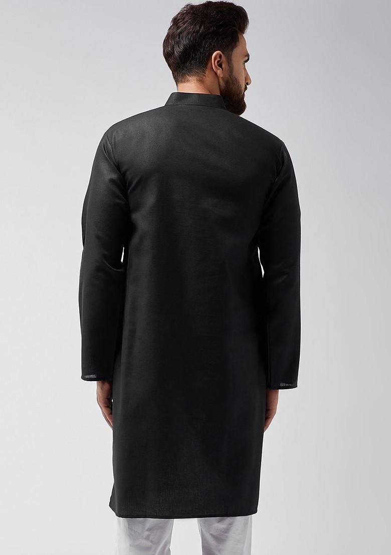 Black Solid Poly Blend Kurta For Men