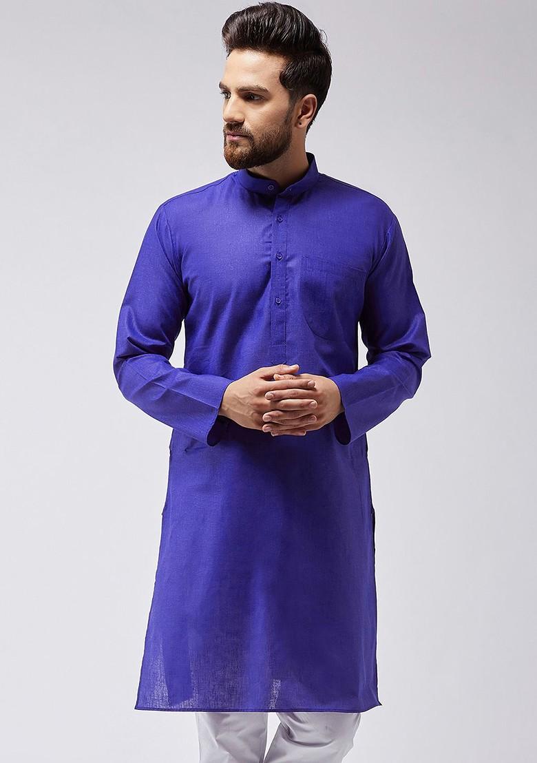 Blue Solid Poly Blend Kurta For Men