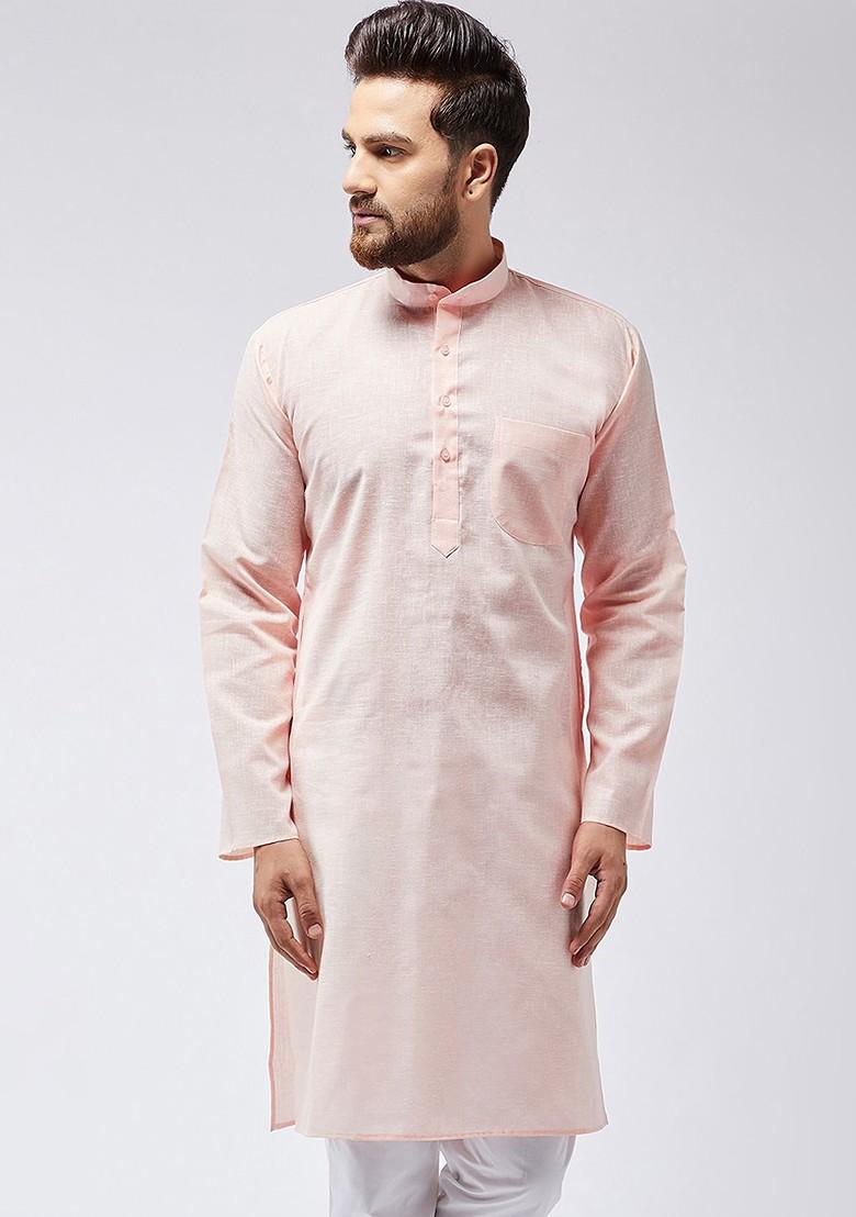 Peach Solid Poly Blend Kurta For Men
