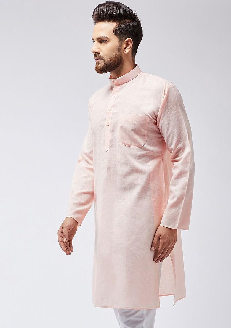 Peach Solid Poly Blend Kurta For Men