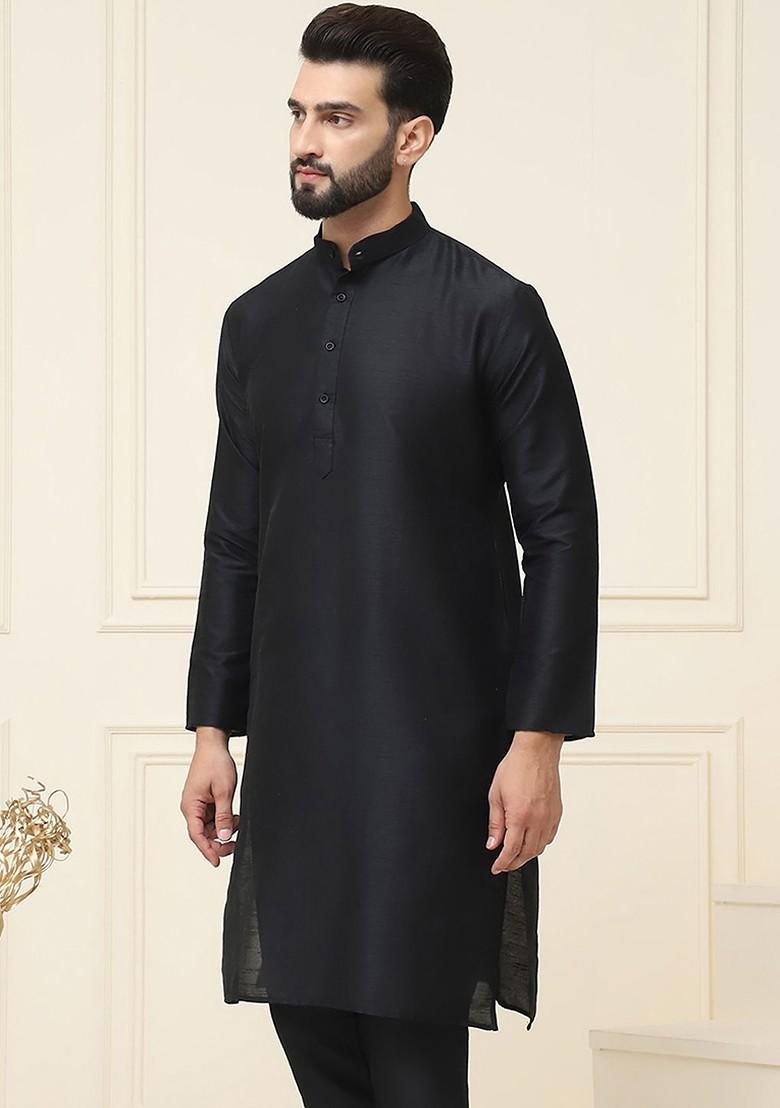 Black Solid Poly Blend Kurta For Men