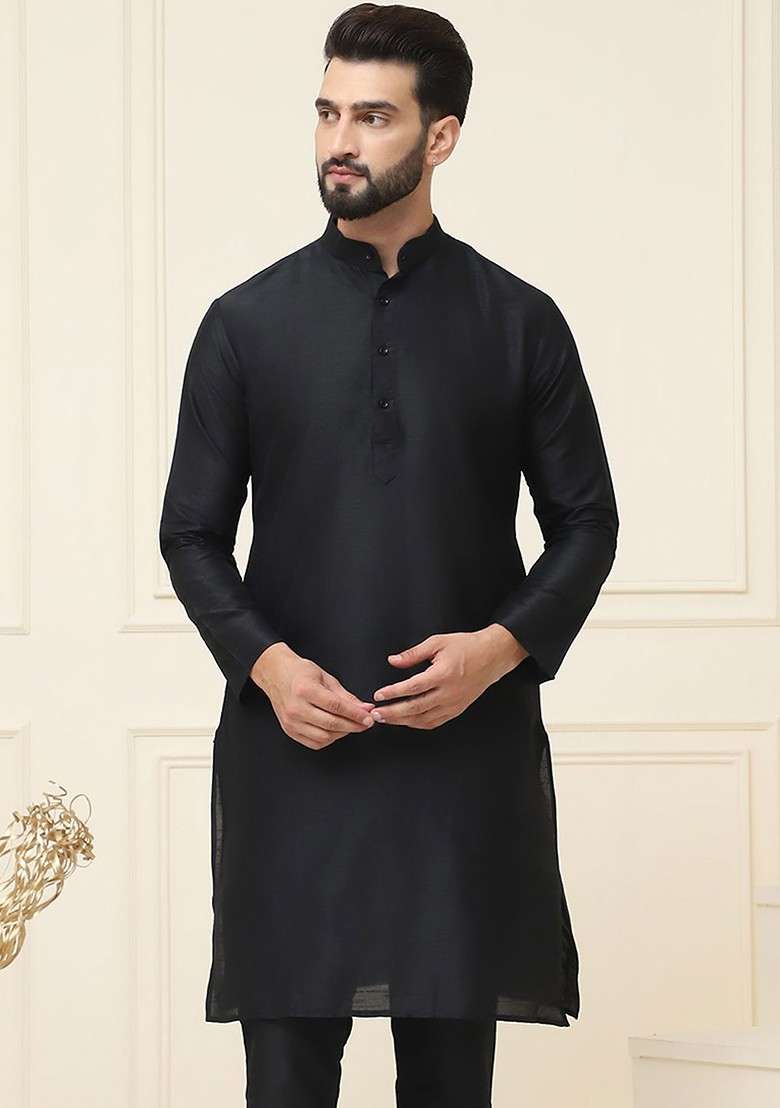 Black Solid Poly Blend Kurta For Men - Indya