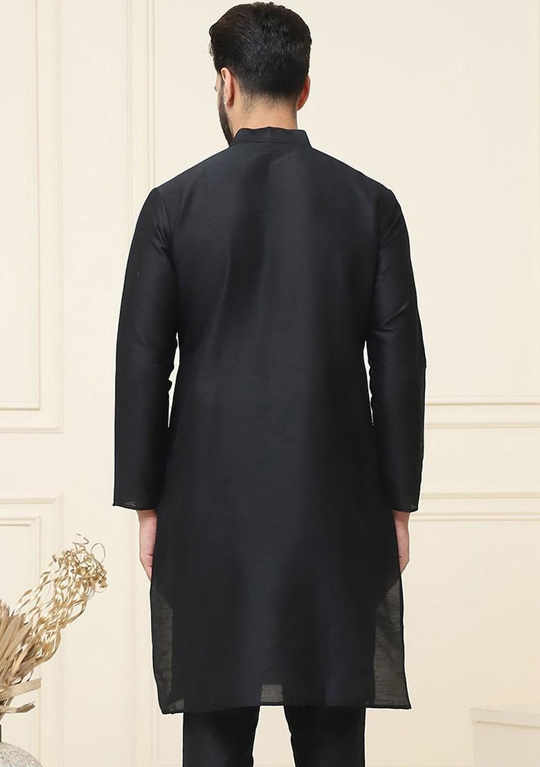 Black Solid Poly Blend Kurta For Men