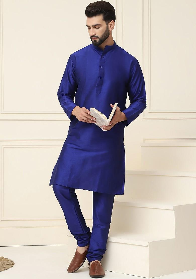 Blue Solid Poly Blend Kurta For Men