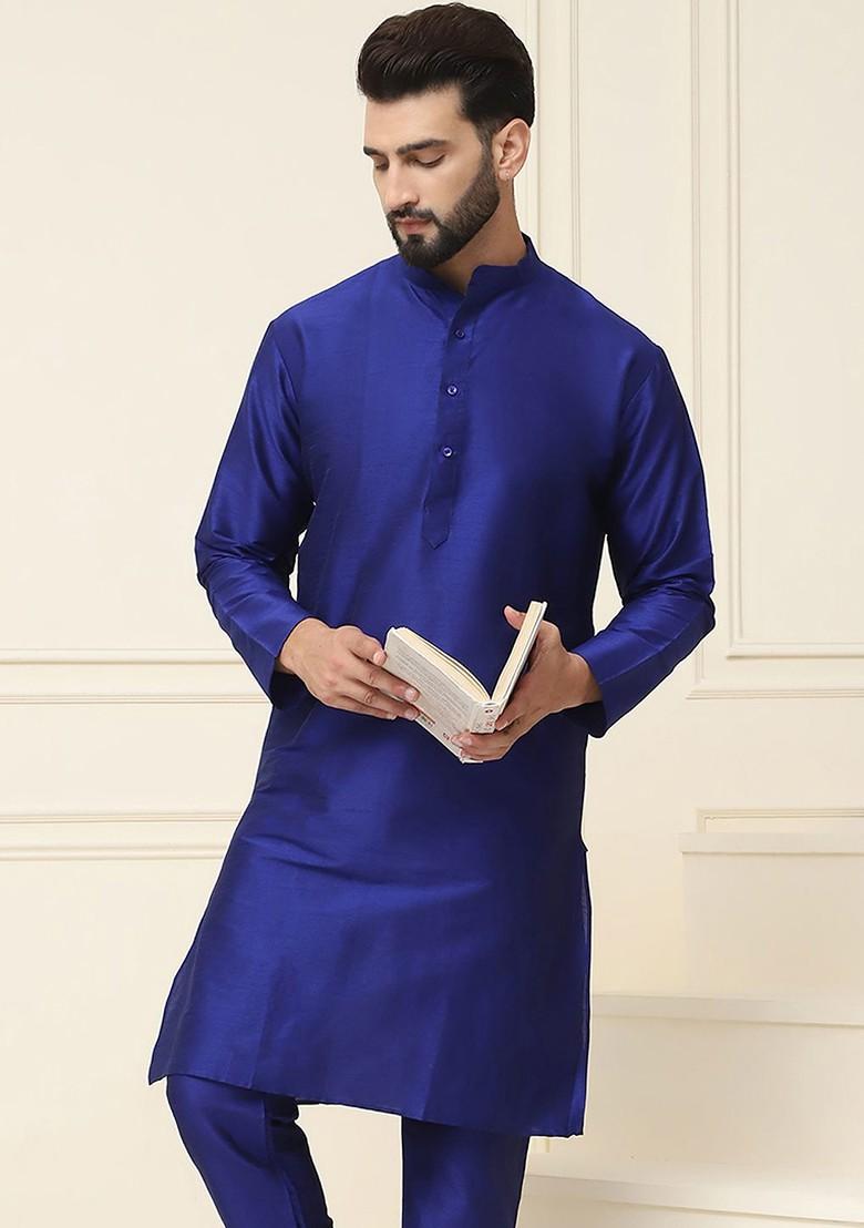 Blue Solid Poly Blend Kurta For Men