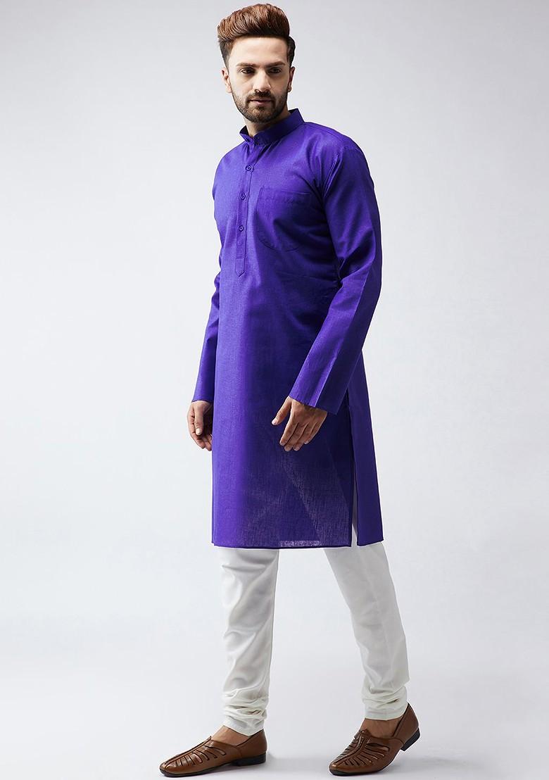 Blue Solid Poly Blend Kurta For Men
