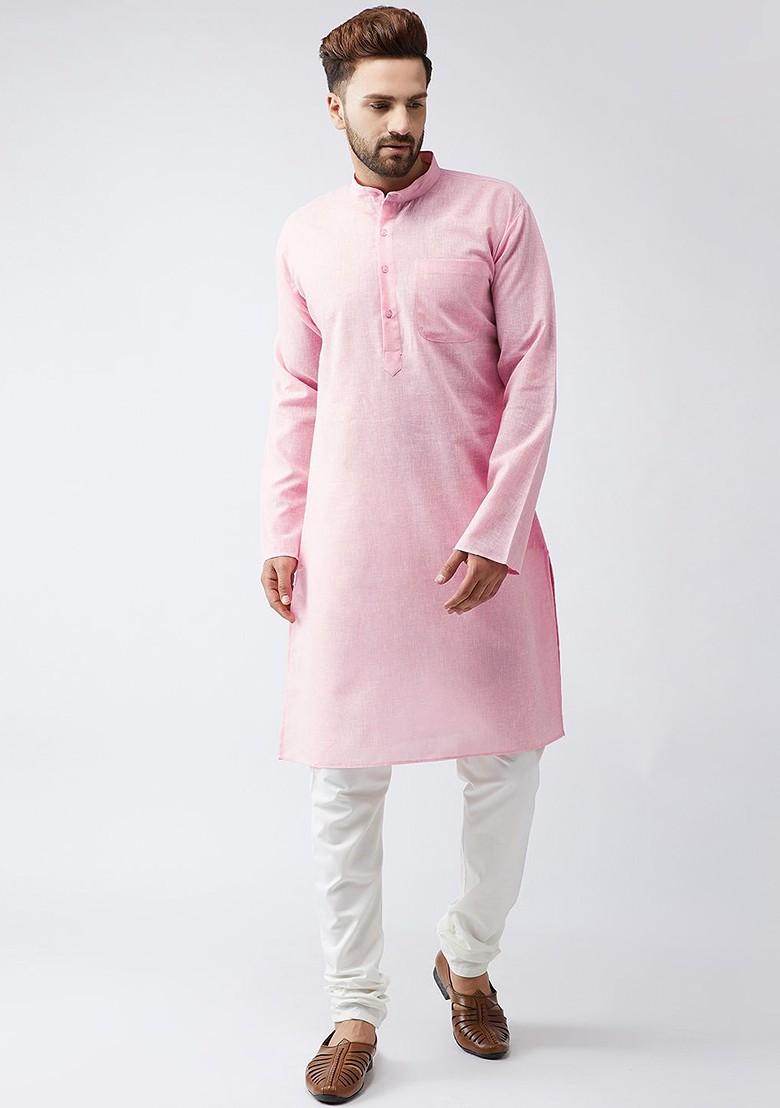 Pink Solid Poly Blend Kurta For Men