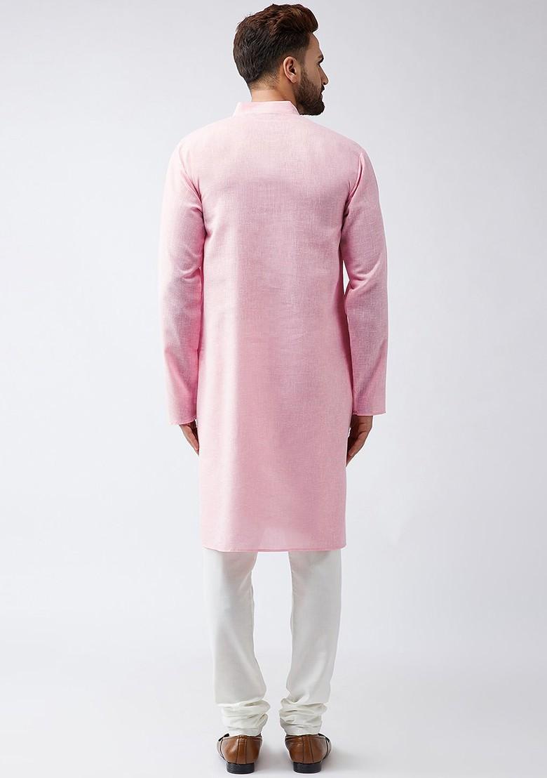 Pink Solid Poly Blend Kurta For Men