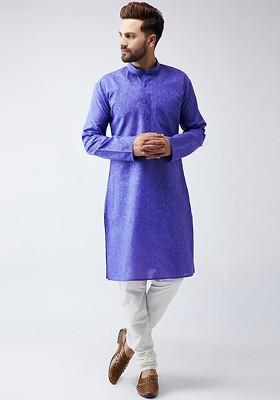 Blue Woven Poly Blend Kurta For Men
