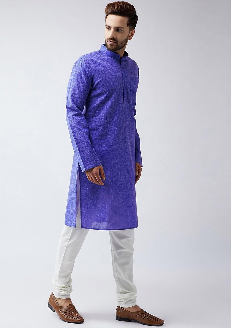 Blue Woven Poly Blend Kurta For Men