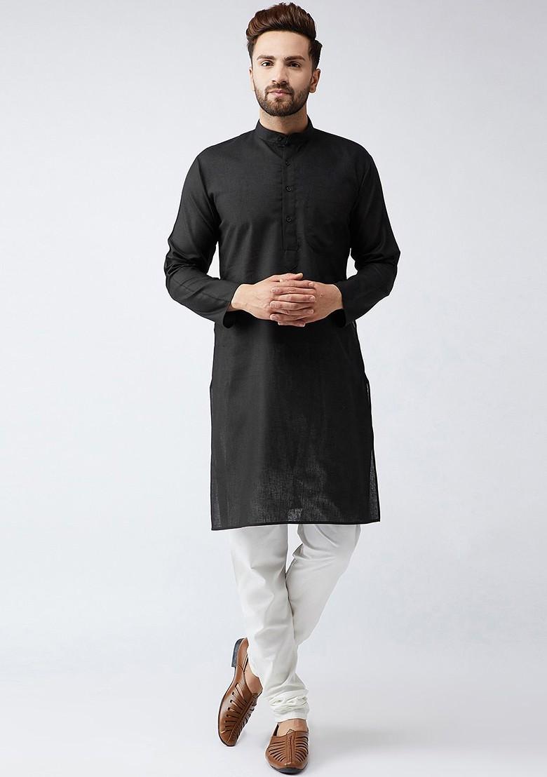 Black Solid Poly Blend Kurta For Men