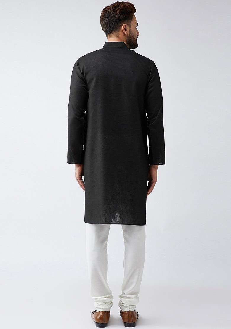 Black Solid Poly Blend Kurta For Men - Indya