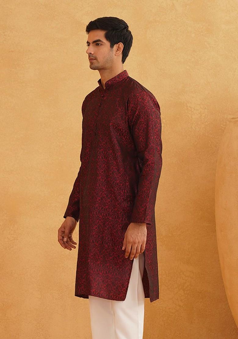 Maroon Woven Poly Blend Kurta For Men