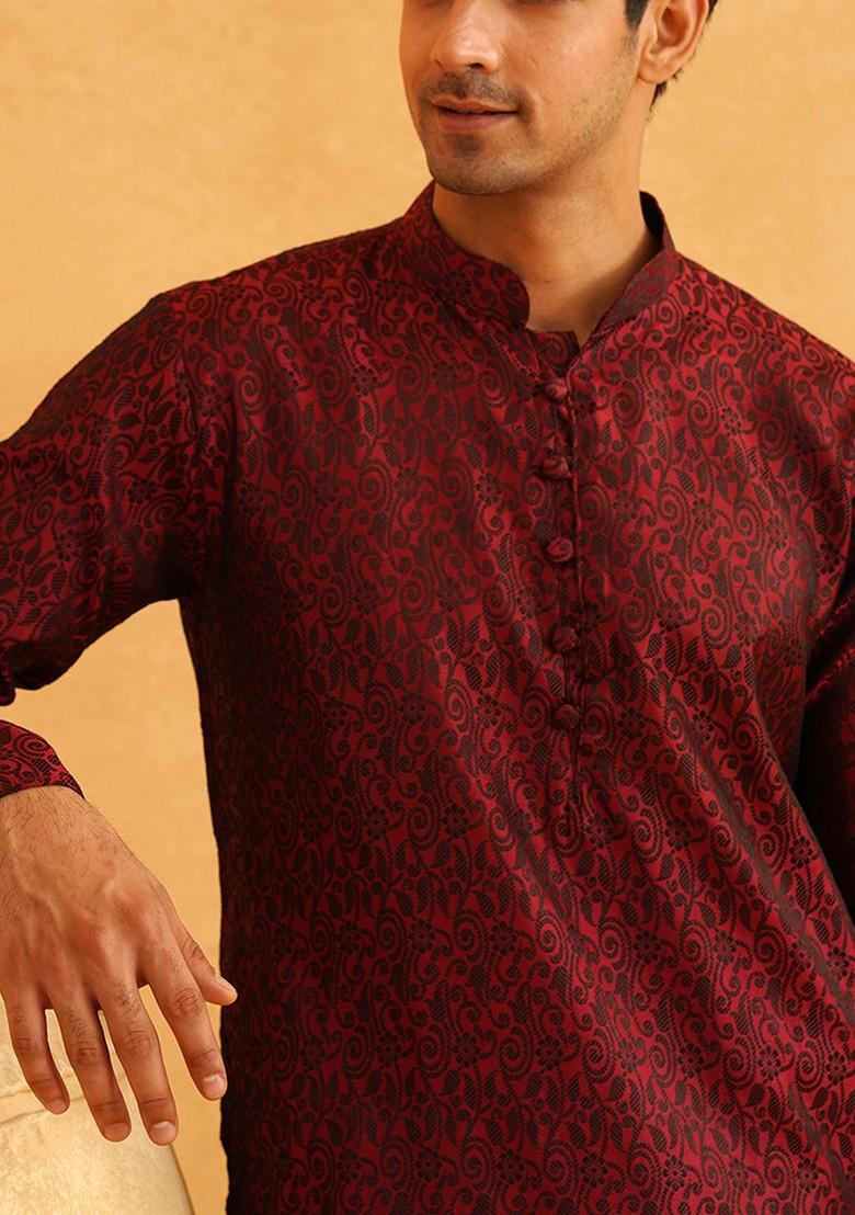 Maroon Woven Poly Blend Kurta For Men