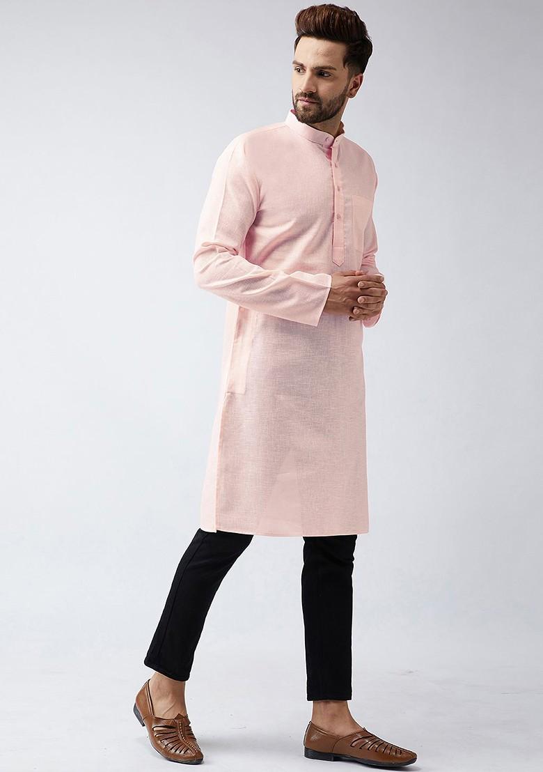 Peach Woven Poly Blend Kurta For Men