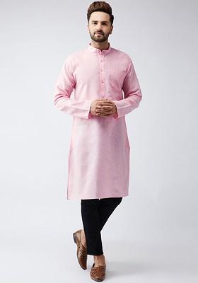 Pink Solid Poly Blend Kurta For Men