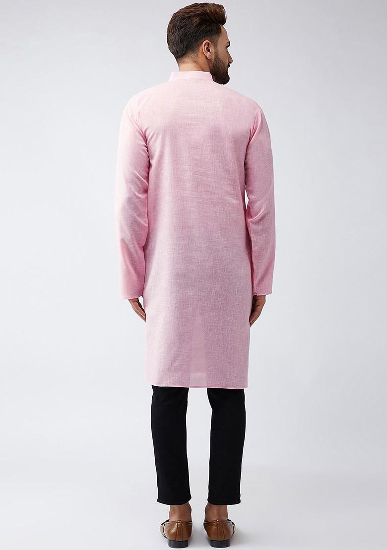 Pink Solid Poly Blend Kurta For Men