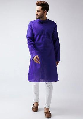 Blue Solid Poly Blend Kurta For Men